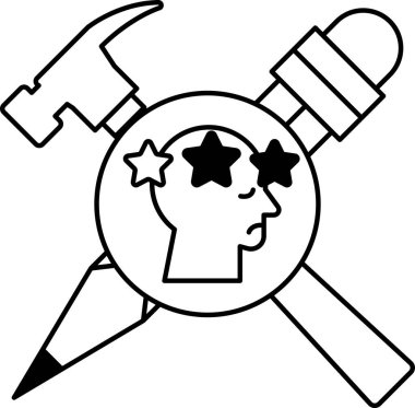 Bir çekiç ve bir kalem yıldızlı bir kafanın üzerindedir. Başı bir daire ile çevrili.