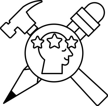 Bir çekiç, bir kalem ve bir yıldız beyaz arka plana çizilir. Çekiç de kalem de bir insanın başını gösteriyor. Yıldızlar da kafanın etrafına dağılmış.