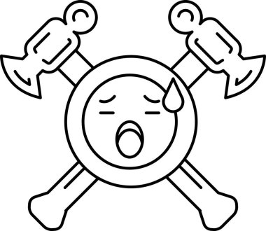 Üzerinde çekiç ve balta olan bir kafatası. Kafatası daire şeklinde ve ağzı açık.