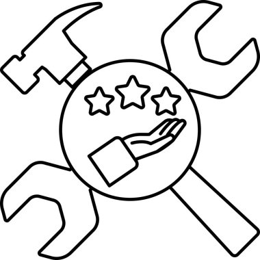 Siyah beyaz bir çekiç, İngiliz anahtarı ve üç yıldız tutan bir el çizimi. Mükemmel hizmet sunma ve güvenilir ve güvenilir bir profesyonel olma kavramı