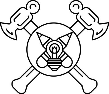 Ortasında ampul olan bir kafatası ve çapraz kemikler. Kafatası ve çapraz kemikler çekiç ve balta ile temsil edilir. Sol tarafta çekiç ve sağ tarafta balta bulunur.