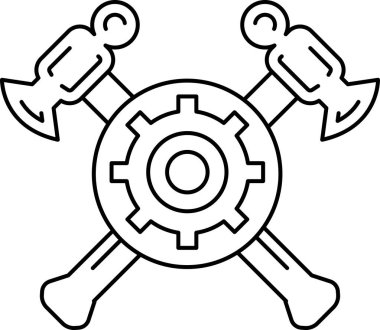 Siyah beyaz bir çekiç ve ortasında dişli bir balta çizimi. Çizim basit ve güçlü, güçlü bir hissi var.