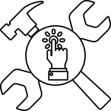 Bir çekiç ve bir düğmeyi işaret eden bir İngiliz anahtarı. Bir şeyi düzeltmek için kullanılan bir araç kavramı, ve düğme işlemi başlatmak için bir düğmeye basma eylemini temsil eder