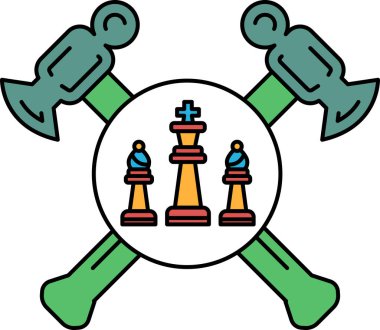 Tahtasında üç parça olan bir satranç oyunu için logo. Logo iki çapraz çekiç ve üç satranç taşından oluşan bir çemberden oluşuyor. Çekiçler yeşil, satranç taşları kırmızı ve sarı.