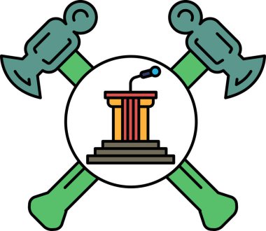 Ortasında mikrofon olan bir çekiç ve örs. Çekiçle örs birbirine geçmiş.