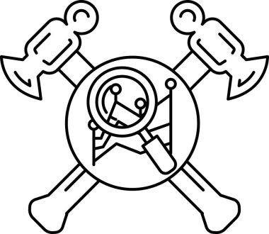 Siyah beyaz bir çekiç ve büyüteç çizimi. Çekiç ve büyüteç birbirinin üzerine geçmiş.