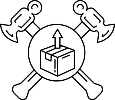 Siyah beyaz bir çekiç ve ortasında bir kutu olan bir balta. Kutunun üzerinde 