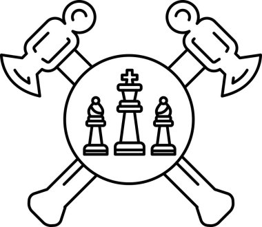 Üzerinde üç satranç taşı olan siyah beyaz bir çekiç ve haç logosu. Logo, güç ve strateji fikrini temsil ediyor.