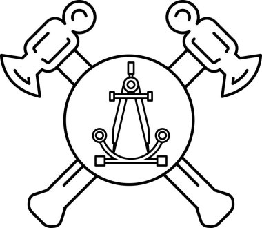 Siyah beyaz bir çekiç ve ortasında pusula olan bir balta çizimi. Pusula üç daire ile çevrili.