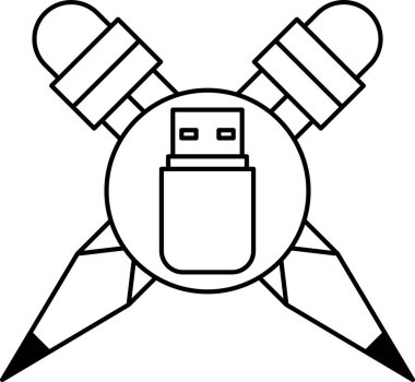 Kalem ve kalemle USB belleğin beyaz ve siyah çizimi. Çizim, teknoloji ve yaratıcılık fikrini aktarıyor.
