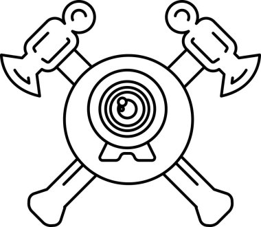 Siyah beyaz bir çekiç ve göz çizimi. Çekiç gözün sol tarafında ve göz de çekicin sağ tarafında.