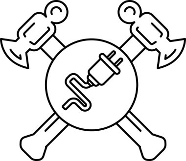 Siyah beyaz bir çekiç ve elektrik kablosu çizimi. Çekiç görüntünün sol tarafında ve kablo da sağ tarafında. Güç ve güç kavramı