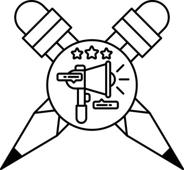 Üzerinde mikrofon ve yıldız olan siyah beyaz bir kalem logosu. Logo yaratıcılık ve iletişim fikrini temsil ediyor.