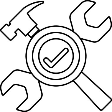 Siyah beyaz bir çekiç, İngiliz anahtarı ve tornavida çizimi.