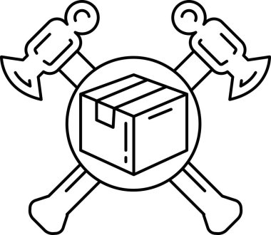 Siyah beyaz bir çekiç ve sapında kafatası olan bir kutu. Kafatası bir daire ile çevrilidir ve çekiç kutunun sol tarafındadır. Tehlike ve uyarı kavramı