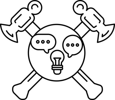 Üzerinde çekiç ve balta olan bir kafatası. Kafatası bir çift gözlük takıyor ve kafasında bir ampul var. Kafatası biriyle konuşuyor, o da karşılık veriyor.