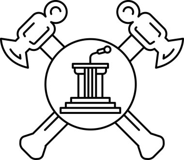 Siyah beyaz bir çekiç ve ortasında mikrofon olan bir balta. Bu bir podyum çizimi.