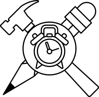 Siyah beyaz bir çekiç, bir saat ve bir kalem çizimi. Çekiç ve saat aynı sayfada ve kalem de sayfanın sağ tarafında.