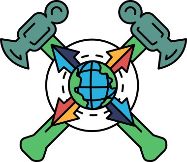 Küresel sorunlarla uğraşan bir şirketin logosu. Logoda bir çekiç ve Dünya 'yı gösteren bir ok var.