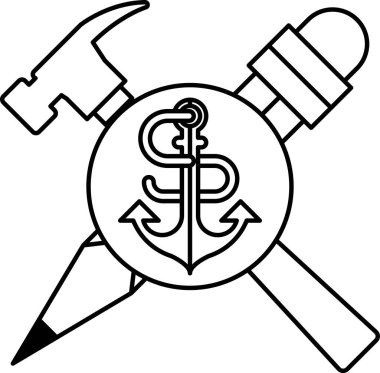 Bir çekiç, bir kalem ve bir ingiliz anahtarı hepsi siyah beyaz bir resimde gösterilir. Görüntü, alet ve inşaat konusunda uzmanlaşmış bir şirketin logosu. Logo basit ve basit.