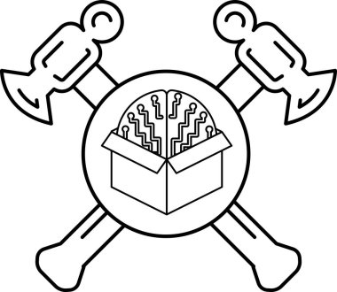 Üzerinde kutu, çekiç ve ingiliz anahtarı olan bir kafatası. Kafatası çekiç ve ingiliz anahtarıyla çevrili, ona tehditkar ve tehlikeli bir görünüm veriyor.