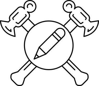 Siyah beyaz bir çekiç ve kalem çizimi. Çekiç ve kalem birbirinin üzerine geçiyor ve kalem de çekicin üstünde. Yazma veya çizim kavramı