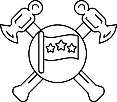 Üç yıldızlı bir bayrak, çekiç ve örs. Çekiçle örs birbirine geçmiş.