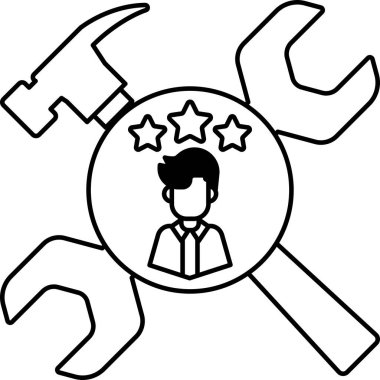 Bir adam çekiç ve anahtarla gösterilir ve üç yıldızla çevrilidir. Çok değerli ve takdir edilen yetenekli bir işçi kavramı. Çekiç kullanımı.