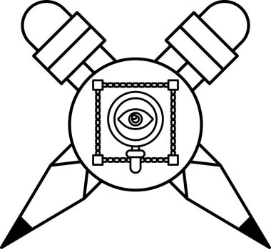 Siyah beyaz bir makas ve ortasında bir göz olan bir kalem çizimi.