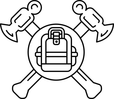 Siyah beyaz bir çekiç ve ortasında sırt çantası olan bir balta çizimi. Sırt çantası açık ve çekicin sapı görünür durumda. Macera ve keşif kavramı