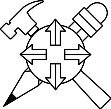 Bir çekiç, bir kalem ve bir ingiliz anahtarı daire şeklinde çizilir. Alet kavramı ve bunların inşaat ve onarım işindeki önemi. Sahne ciddi ve odaklı.