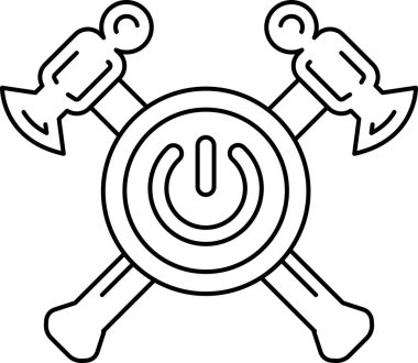 Siyah beyaz bir çekiç ve ortasında beyaz bir daire olan bir balta çizimi. Çemberin üzerinde artı işareti var.