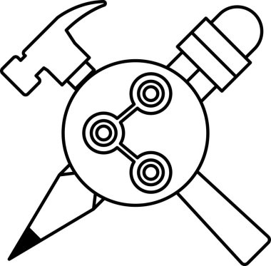 Bir çekiç ve bir kalem daire şeklinde gösterilir. Çekiç çemberin sol tarafında ve kalem de sağ tarafında. Çember beyaz, görüntü siyah ve beyaz.