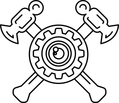 Siyah beyaz bir çekiç ve ortasında dişli bir balta çizimi. Teçhizat bir daire ile çevrili ve ortasında küçük bir top var. Sanatçılık ve hassasiyet kavramı