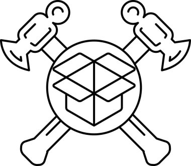 Siyah beyaz bir çekiç ve ortasında bir kutu olan bir balta çizimi. Kutu çekiç ve balta ile çevrili ve görüntü biraz uğursuz ya da öngörücü bir ruh hali var