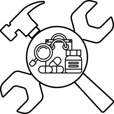 Siyah beyaz bir çekiç ve ortasında büyüteç olan bir İngiliz anahtarı. Çizim, işleri düzeltmek için kullanılan bir araçtır.