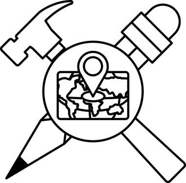 Bir çekiç, bir kalem ve bir pusula hepsi siyah çizilmiş. Çekiç ve kalem birbirlerinin üzerinden geçer ve pusula ortada çizilir. Görüntü basit.