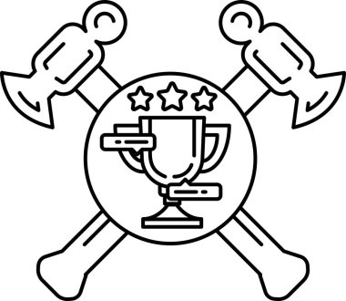 Siyah beyaz bir çekiç ve ortasında bir fincan olan bir örs çizimi. Kupanın üzerinde üç yıldız var.