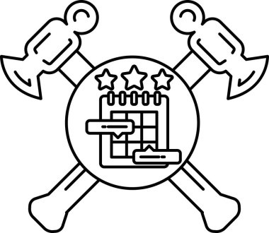 Siyah beyaz bir çekiç ve üstünde takvim olan bir balta çizimi. Takvimde bir yıldız var ve çekiç ve balta çapraz.