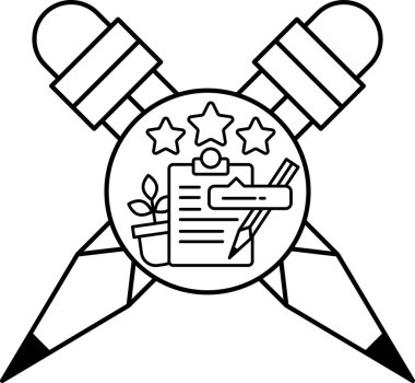 Siyah beyaz bir makas çizimi, bir kalem ve bir kağıt parçasıyla. Yazma ve yaratma kavramı