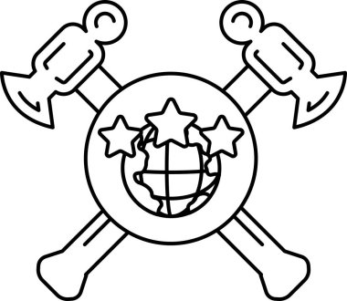 Siyah beyaz bir çekiç ve ortasında üç yıldız ve bir küre olan bir balta.
