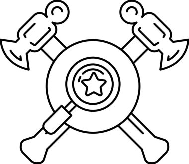 Siyah beyaz bir çekiç ve ortasında yıldız olan bir balta çizimi. Çekiç ve balta birbiri üzerine geçmiş ve yıldız merkezde. Çizimin güçlü ve cesur bir havası var.