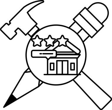 Binanın üzerinden bir çekiç ve bir kalem geçer. Çekiç solda, kalem de sağda. Bina bir ev.