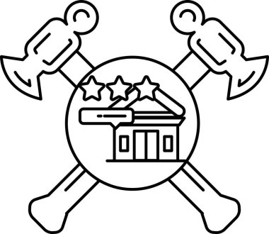 Siyah beyaz bir çekiç ve ortasında bir yıldız ve bir bina olan bir balta.