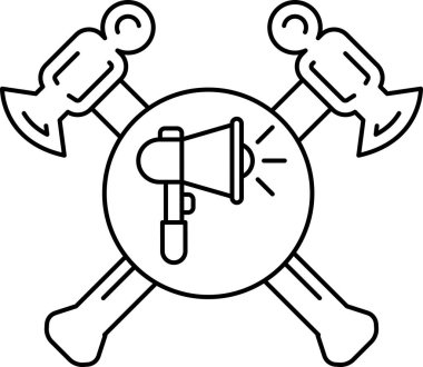 Siyah beyaz bir çekiç ve ortasında mikrofon olan bir balta. Çizim, çekiç ve baltayı logo olarak kullanan bir grup veya organizasyon sembolü.