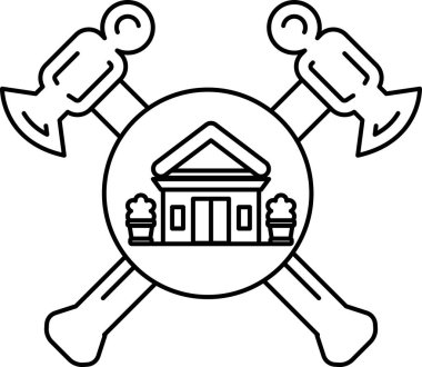 Siyah beyaz bir çekiç ve ortasında bir ev olan bir balta çizimi. Ev bir daire ile çevrili ve çekiç ve balta çemberin dışında.