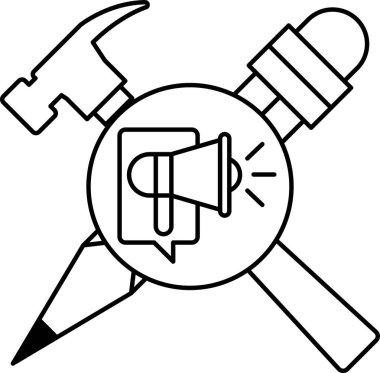 Bir çekiç, bir kalem ve bir mikrofon hepsi bir konuşma baloncuğuyla birbirine bağlıdır. Konuşma balonunda 