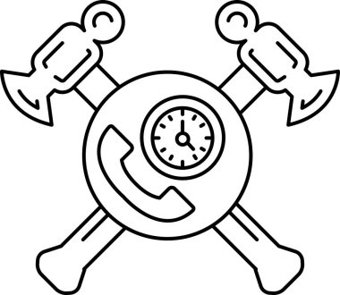 Siyah beyaz bir çekiç ve üstünde saat olan bir balta çizimi. Saatin üzerinde 1 'den 12' ye kadar sayılar var.