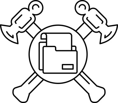 Bir çekiç ve bir balta bir dosya klasörü tutuyor. Çekiç klasörün sol tarafında ve balta da sağ tarafında. Dosya açık ve içinde bazı belgeler var.