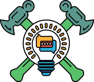 Çivi çakmak üzere olan bir şirketin logosu. Logo üzerinde ampul olan yeşil bir çekiç.